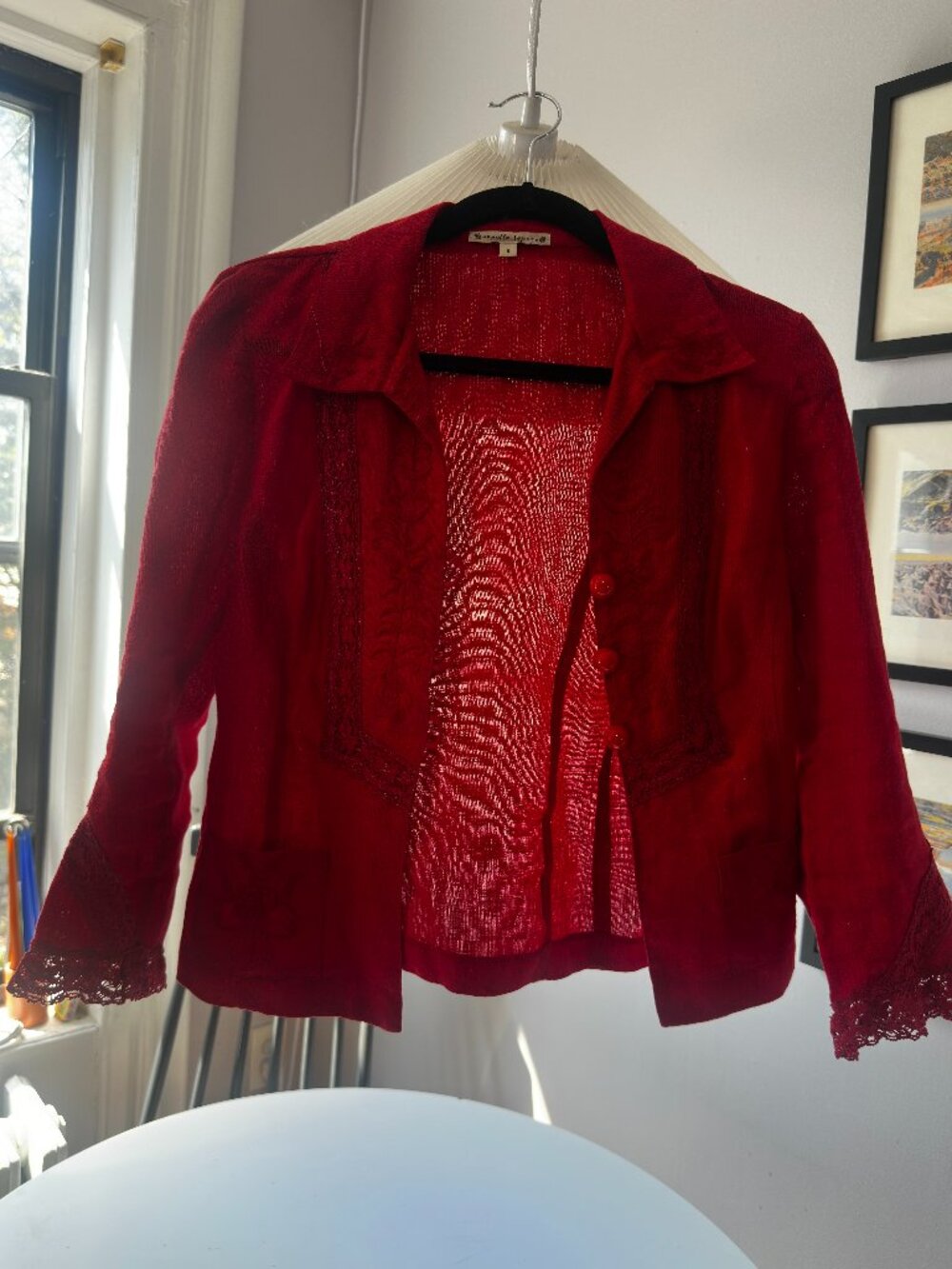 Nanette Lepore Red Embroidered Linen Lace Trim Jacket Blazer - Size 8
